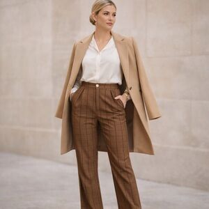 Allegra K Brown Straight Leg Pants with High Waist and Plaid Pattern